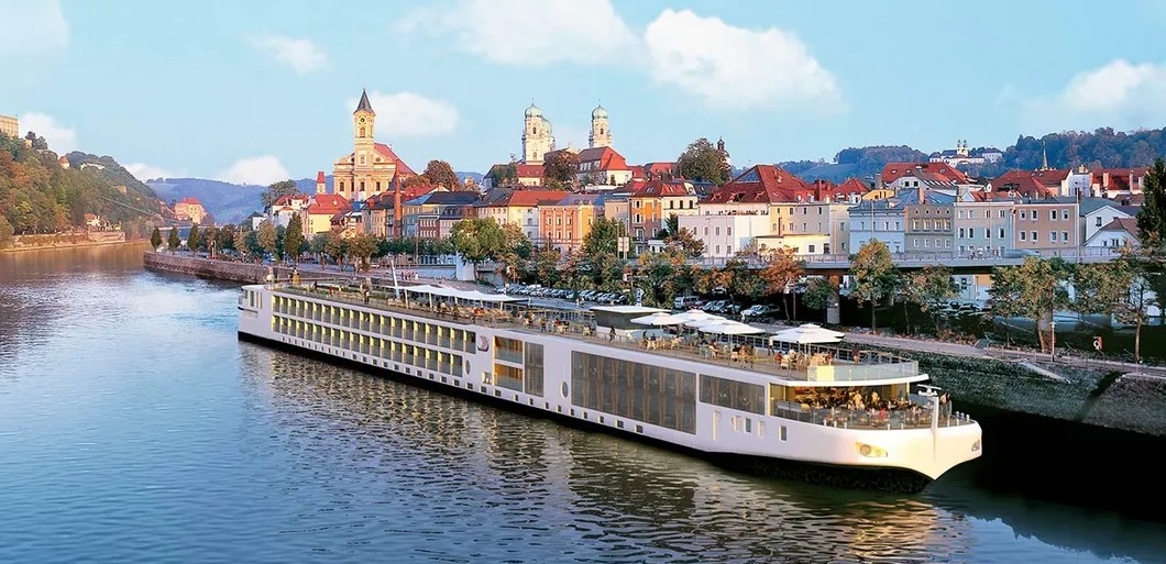 Viking River Cruise ship docked near Passau, Germany on the Danube River